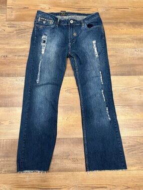 Suko Jeans Women’s Dark Wash Distressed Boot Cut Jeans Flap embellished pocket